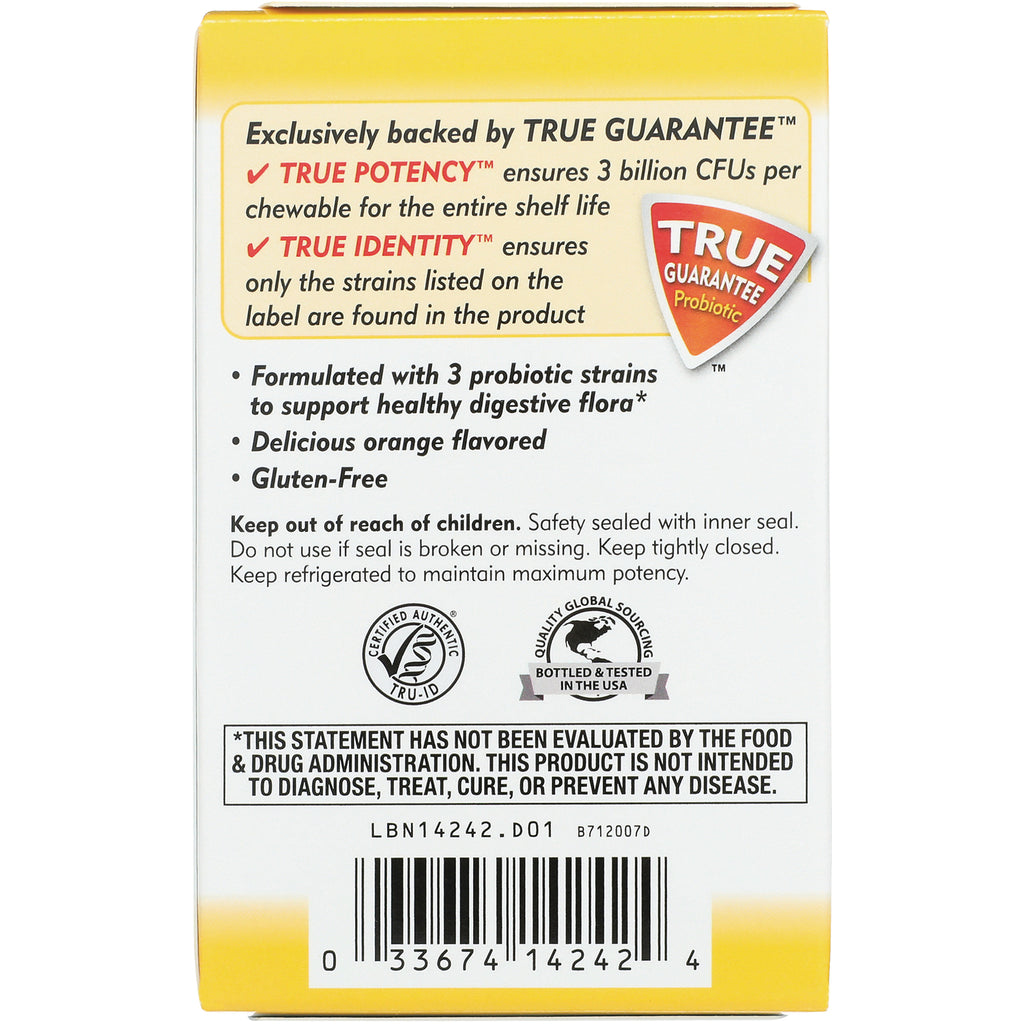 NW644 | back of probiotic supplement box showing True Guarantee badge, claims of 3 probiotic strains, orange flavor, warnings - Thumbnail