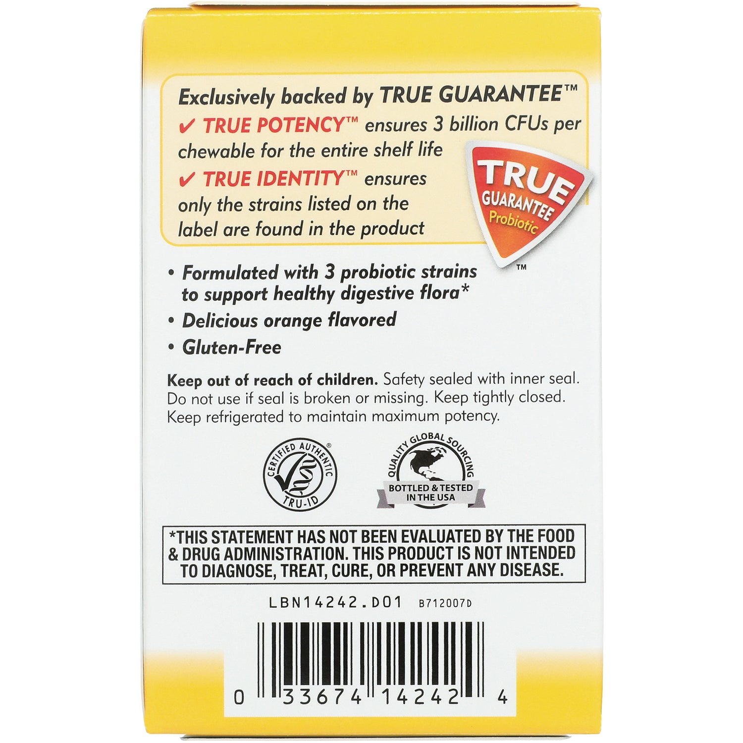 NW644 | back of probiotic supplement box showing True Guarantee badge, claims of 3 probiotic strains, orange flavor, warnings