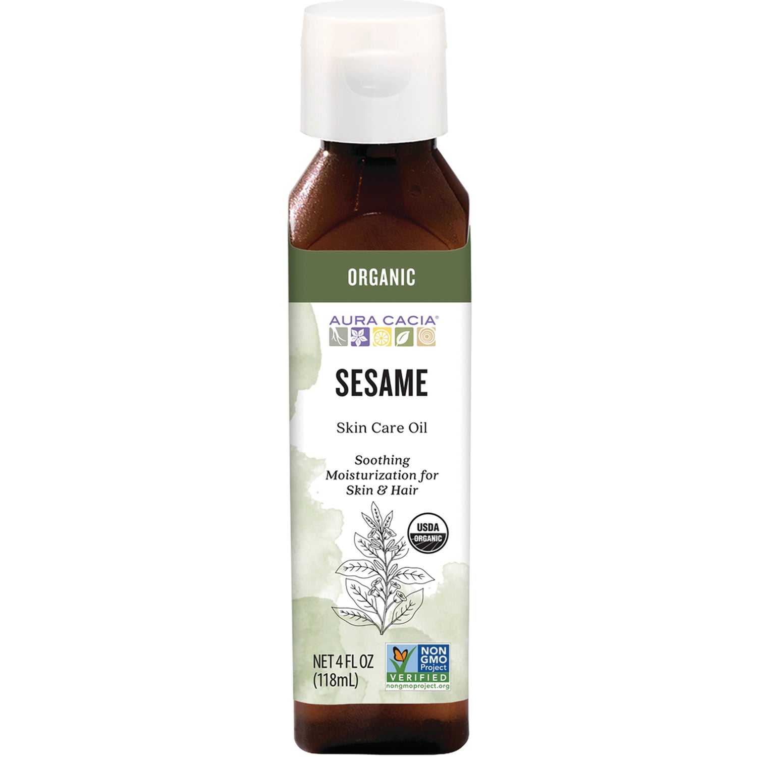 ARC059 | Aura Cacia sesame skin care oil bottle, organic moisturizer for skin and hair, 4 fl oz