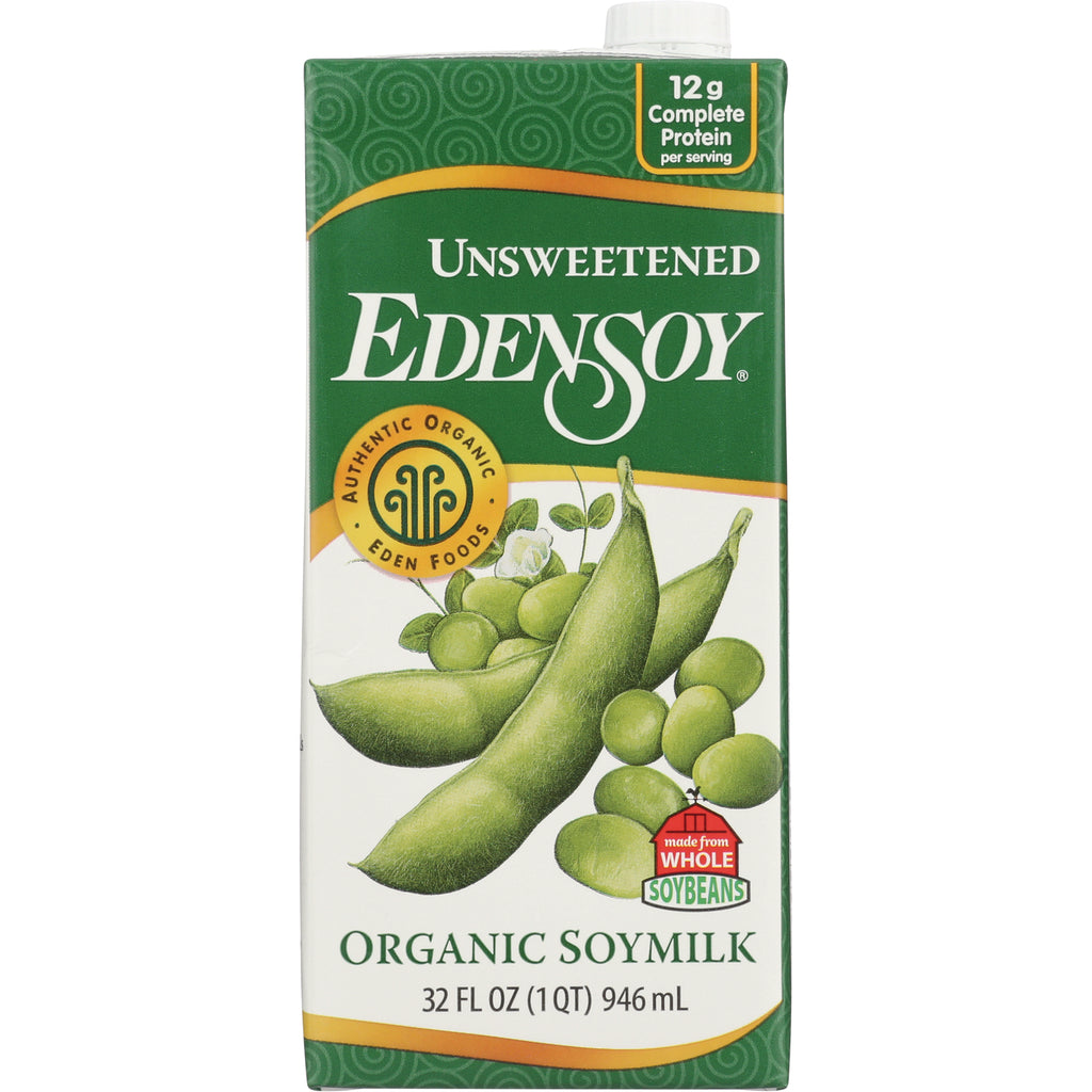 EDF061 | Unsweetened EDENSOY organic soymilk carton, 32 fl oz, green packaging with soy pod illustration - Thumbnail