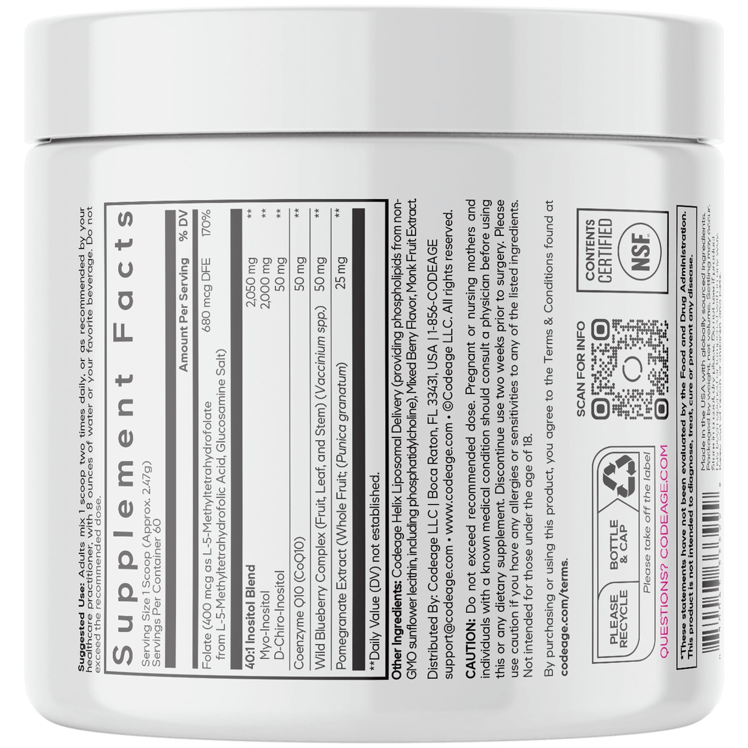 CDG064 | Back label showing Supplement Facts panel, ingredients, and barcode on white supplement jar