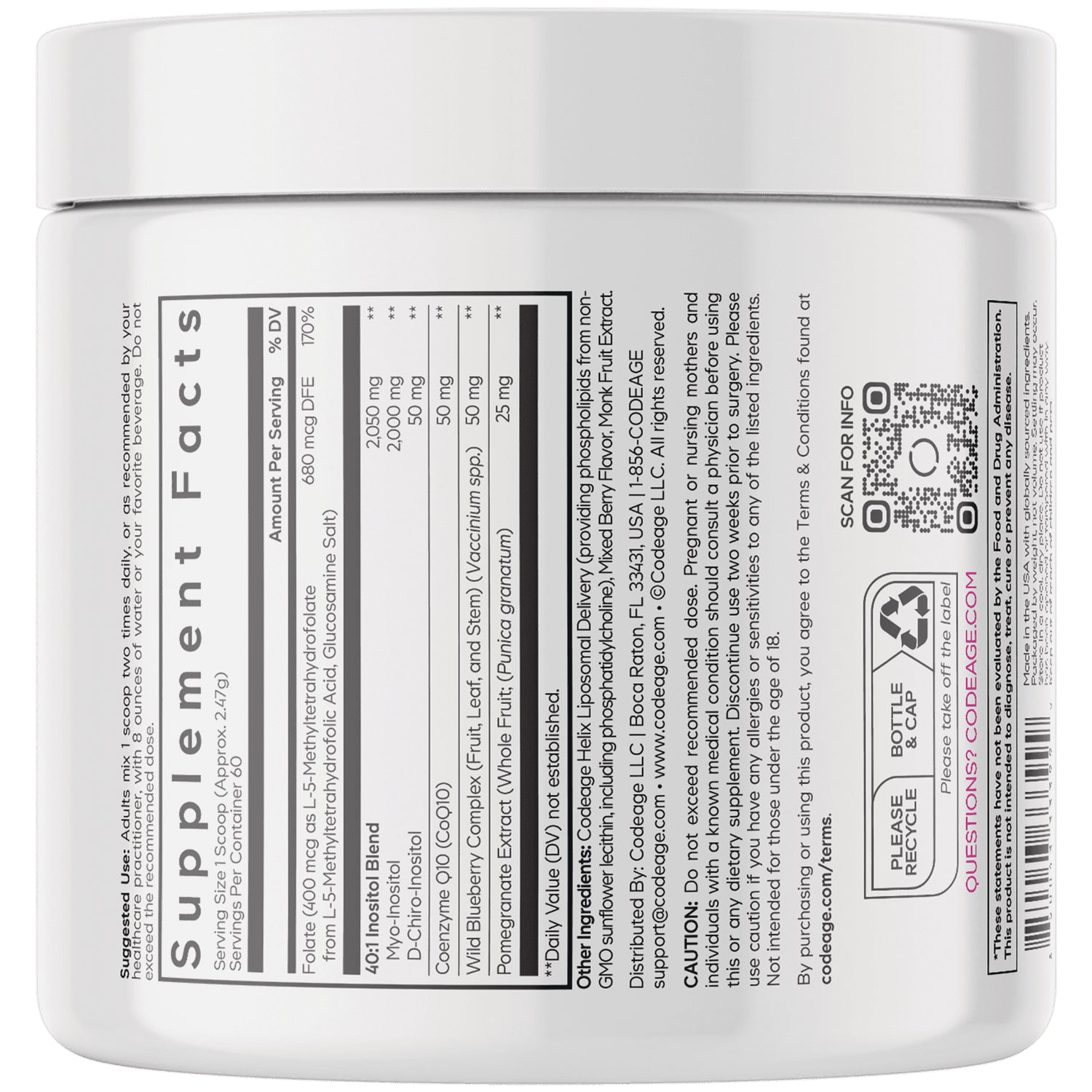 CDG064 | Back label showing Supplement Facts panel, ingredients, and barcode on white supplement jar
