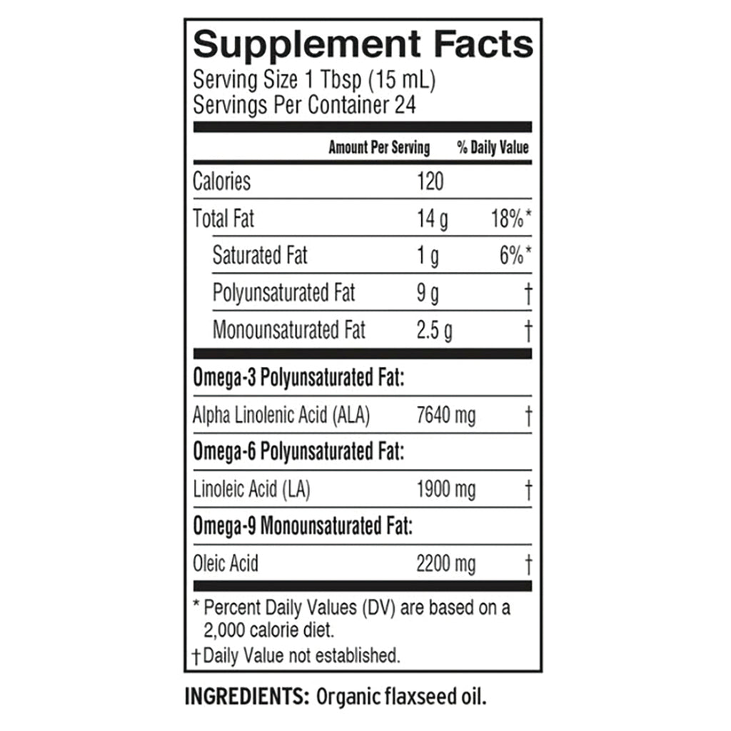 BAR086 | Supplement Facts label showing serving size 1 Tbsp (15 mL), calories 120, fat and omega breakdown, ingredients Organic flaxseed oil - Thumbnail