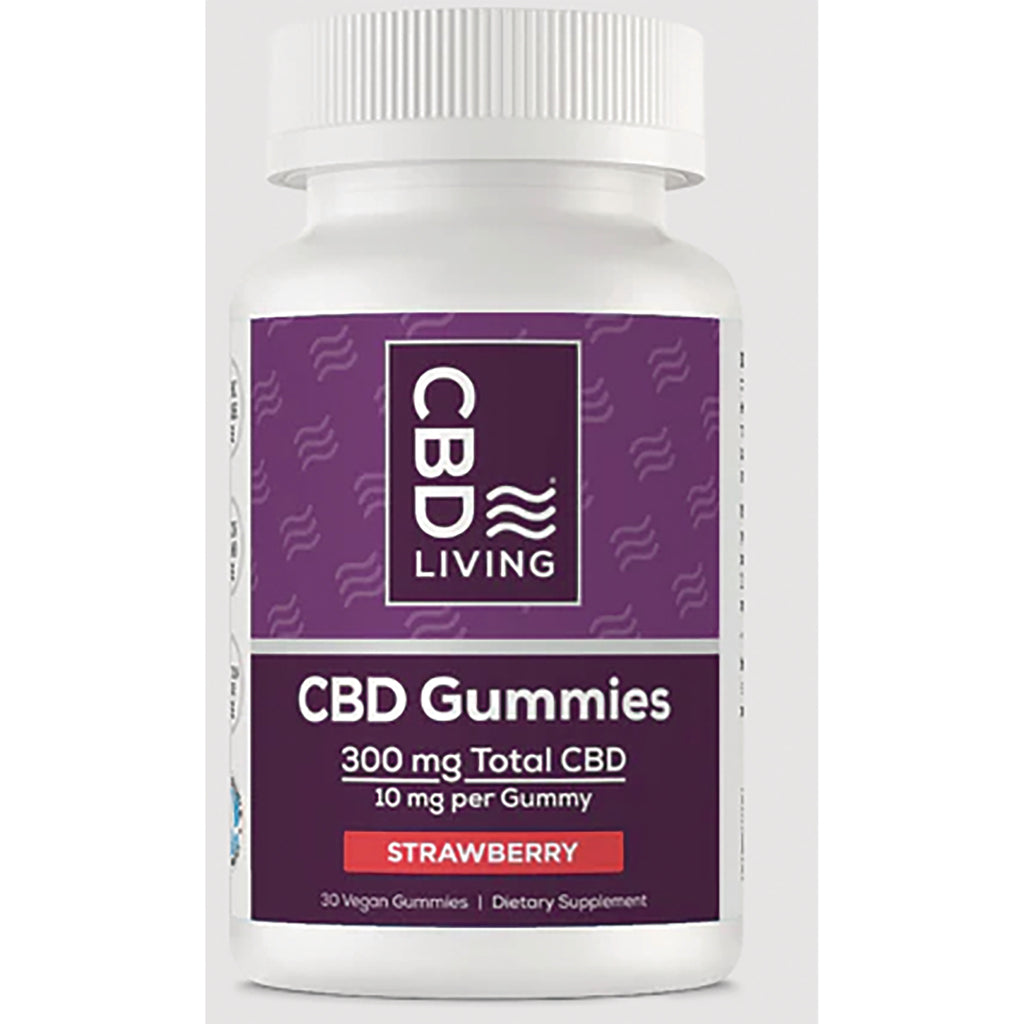 CBD002 | CBD Living bottle labeled CBD Gummies, 300 mg total CBD, 10 mg per gummy, strawberry - Thumbnail
