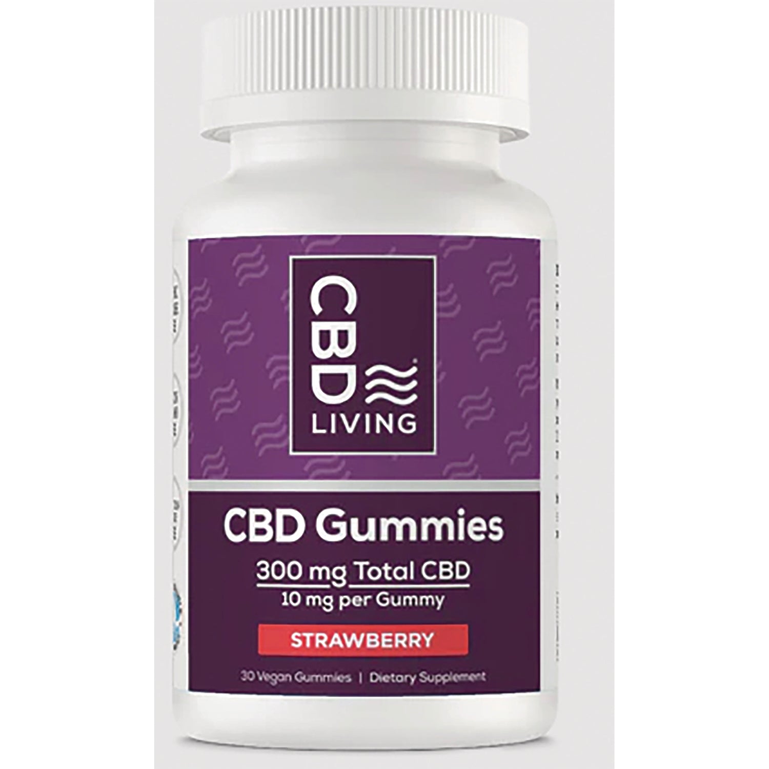 CBD002 | CBD Living bottle labeled CBD Gummies, 300 mg total CBD, 10 mg per gummy, strawberry