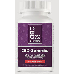CBD002 | CBD Living bottle labeled CBD Gummies, 300 mg total CBD, 10 mg per gummy, strawberry