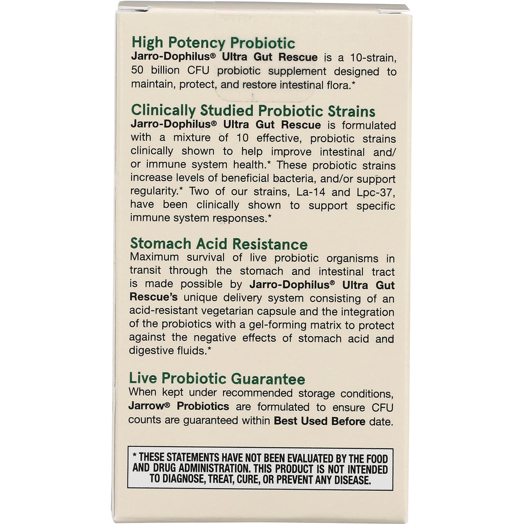 JR133 | product infographic panel titled High Potency Probiotic listing clinically studied strains, stomach acid resistance, and guarantee - Thumbnail
