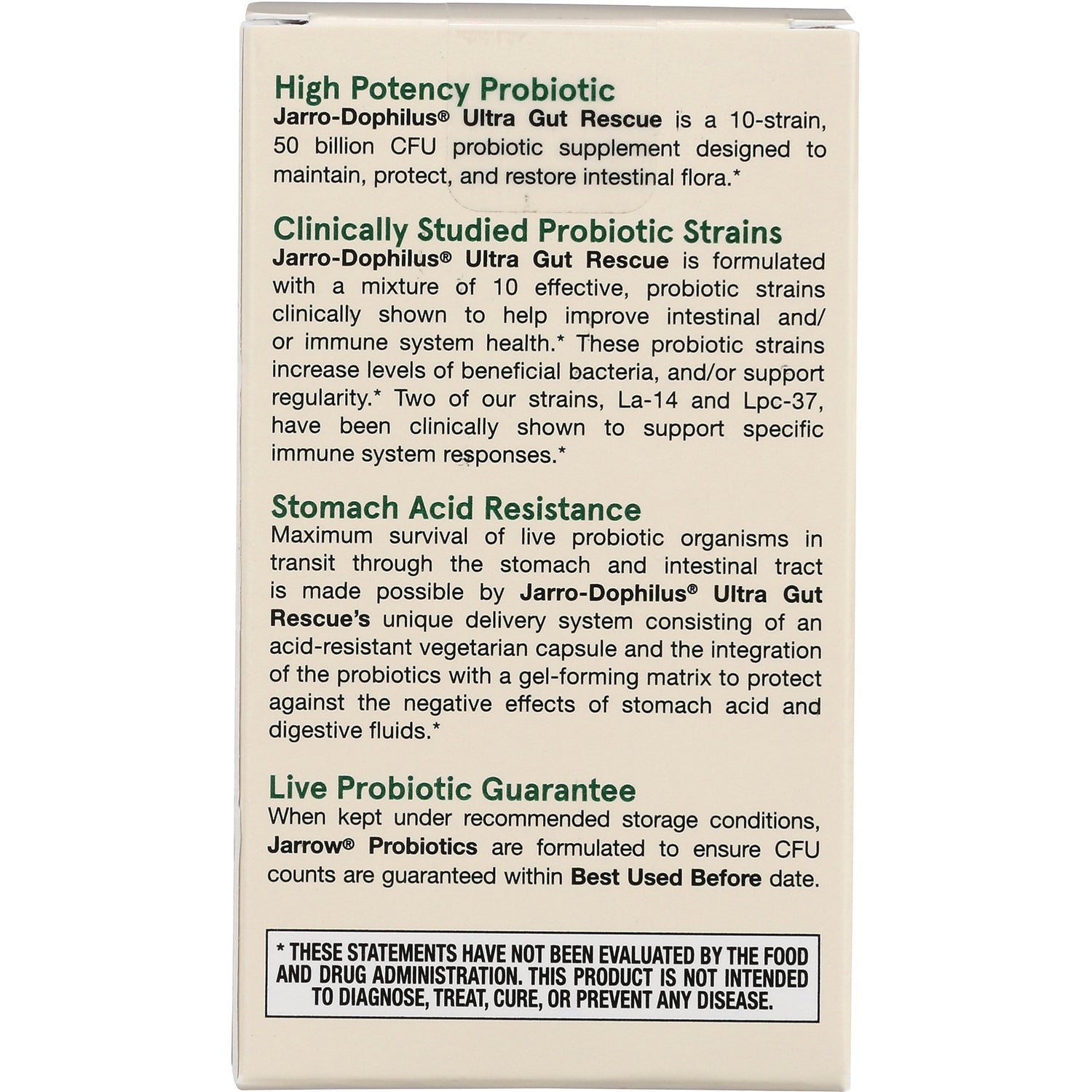 JR133 | product infographic panel titled High Potency Probiotic listing clinically studied strains, stomach acid resistance, and guarantee