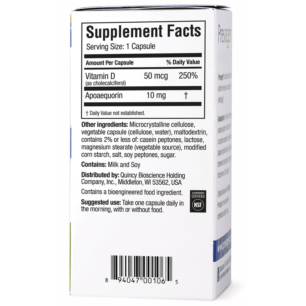 QB006 | back of supplement box showing Supplement Facts panel listing Vitamin D 50 mcg and Apoaequorin 10 mg, ingredients and barcode - Thumbnail