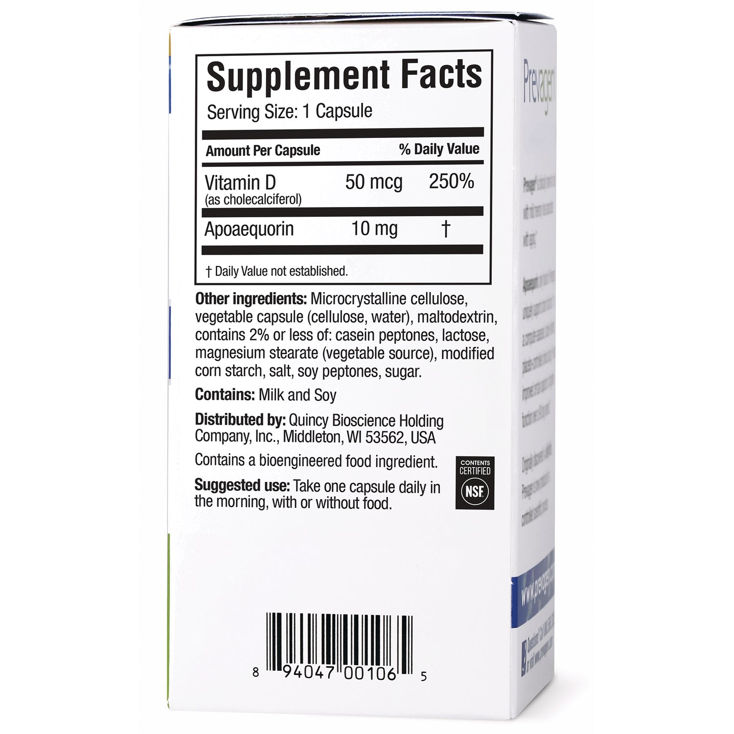 QB006 | back of supplement box showing Supplement Facts panel listing Vitamin D 50 mcg and Apoaequorin 10 mg, ingredients and barcode