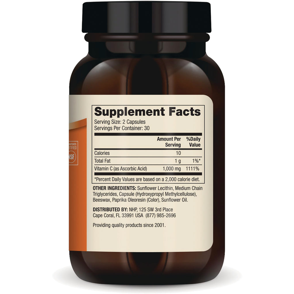 MRC062 | Back of brown supplement bottle showing Supplement Facts label, serving size 2 capsules and Vitamin C 1,000 mg - Thumbnail