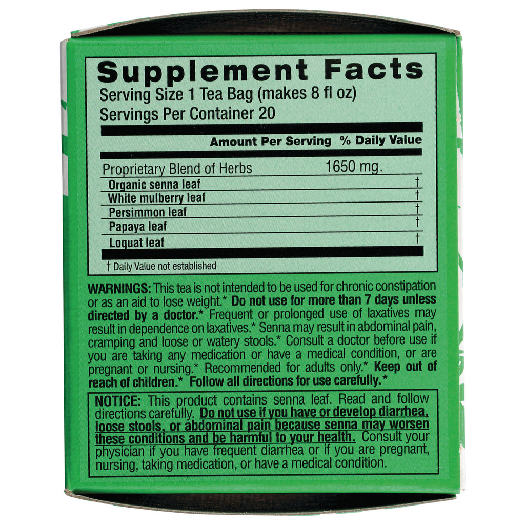 TLT009 | Back panel with Supplement Facts for herbal tea, Serving Size 1 Tea Bag, ingredient blend and warnings - Thumbnail