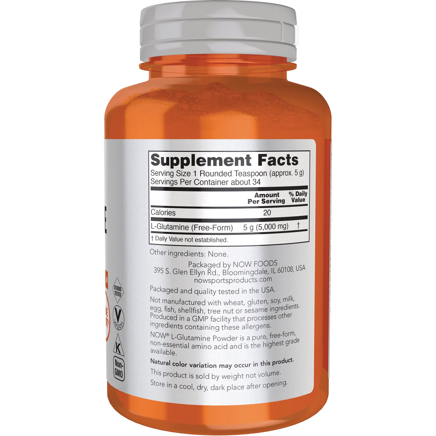 NWF325 | Supplement Facts label showing serving size 1 rounded teaspoon, L-Glutamine 5 g packaged by NOW FOODS
