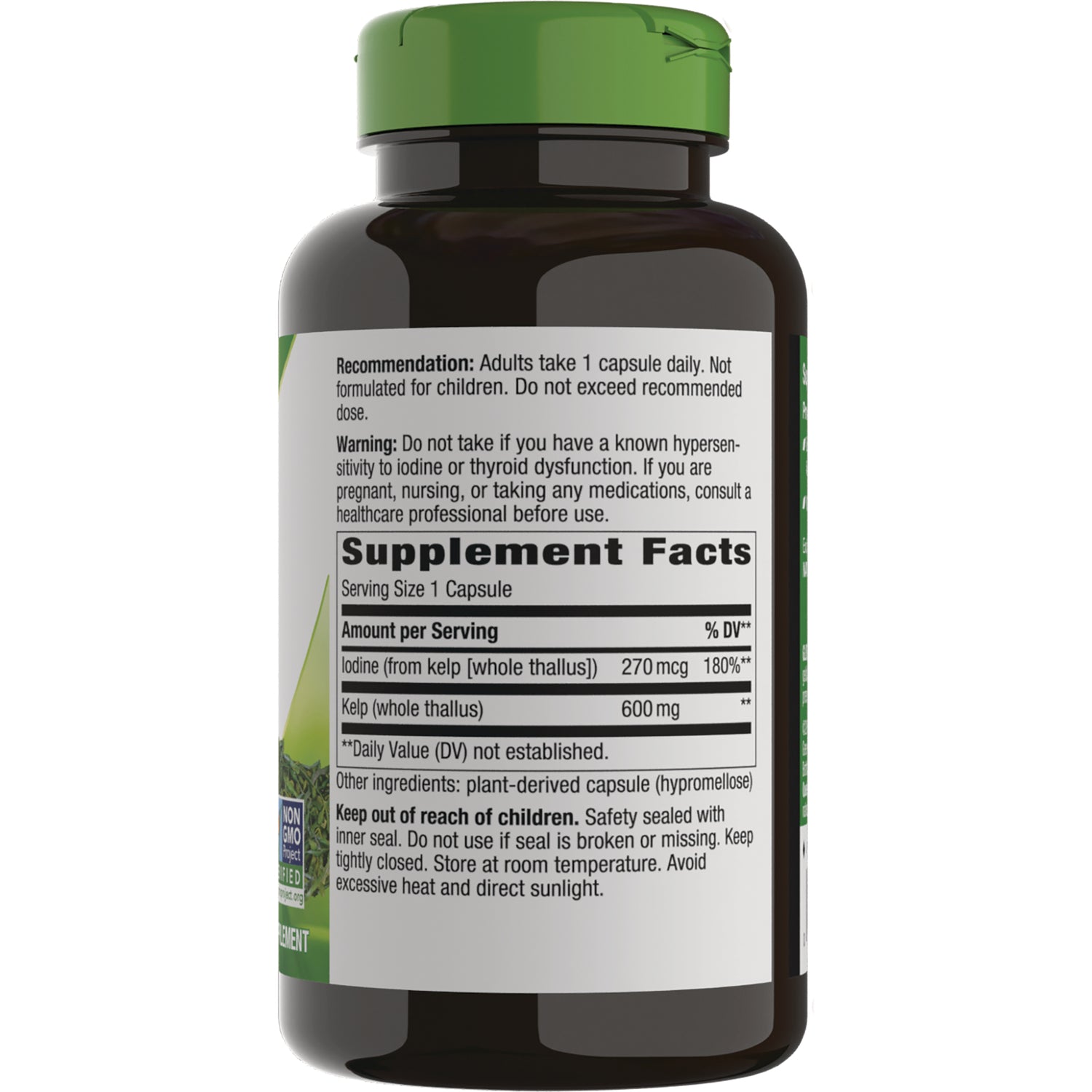 NW490 | bottle back label showing Supplement Facts, serving size 1 capsule, iodine 270 mcg, warnings and storage instructions