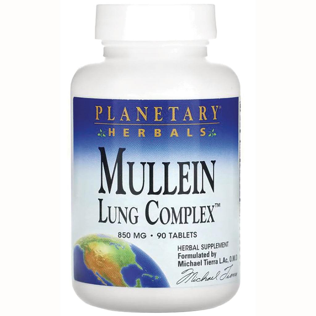 PF072 | Planetary Herbals Mullein Lung Complex 850 MG 90 tablets white supplement bottle front label - Thumbnail