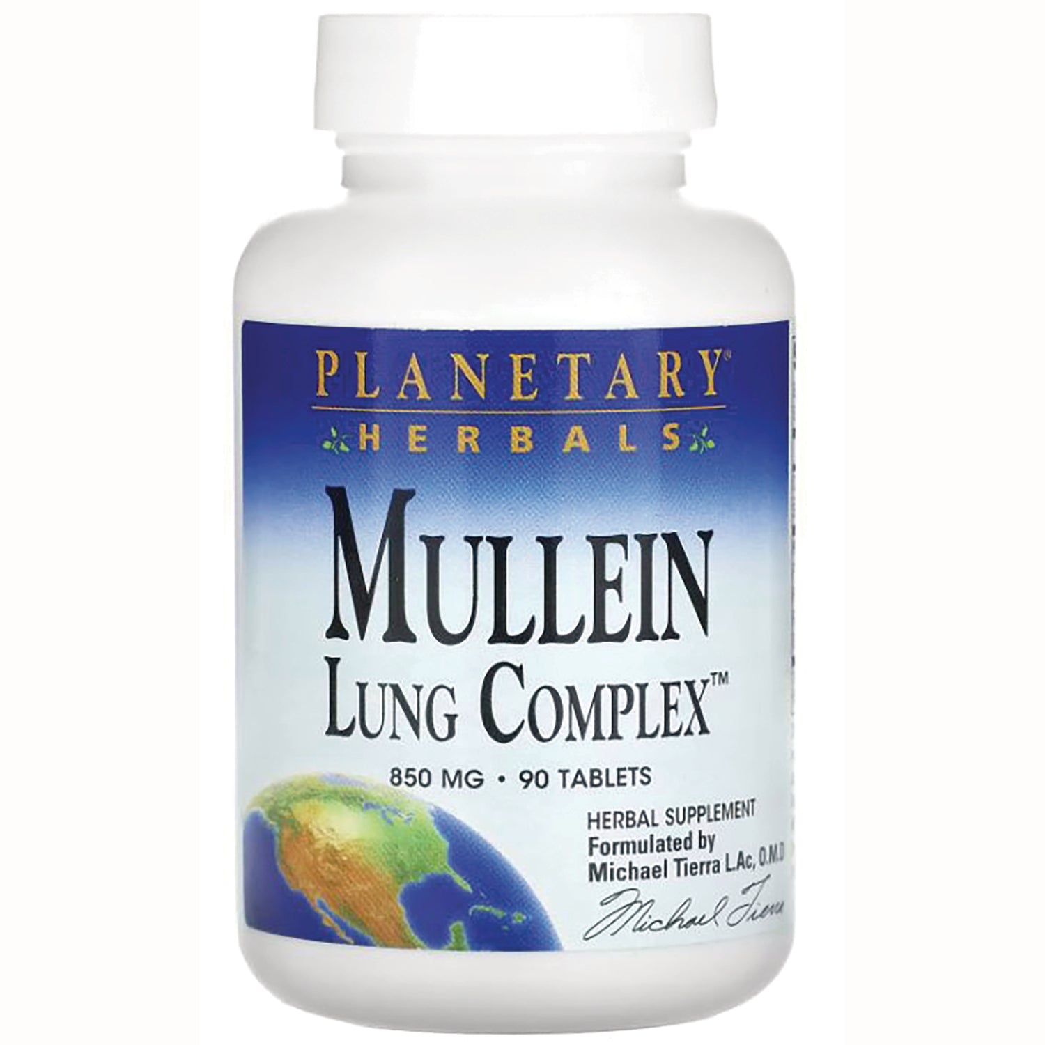 PF072 | Planetary Herbals Mullein Lung Complex 850 MG 90 tablets white supplement bottle front label