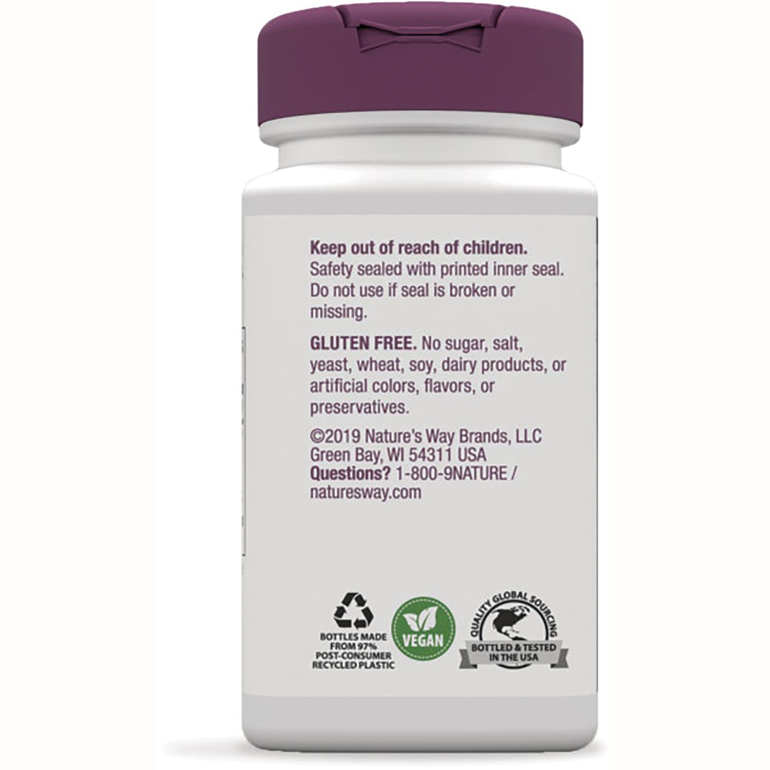 NW775 | back label with Keep out of reach of children warning, gluten free note, contact info, recycling and vegan icons