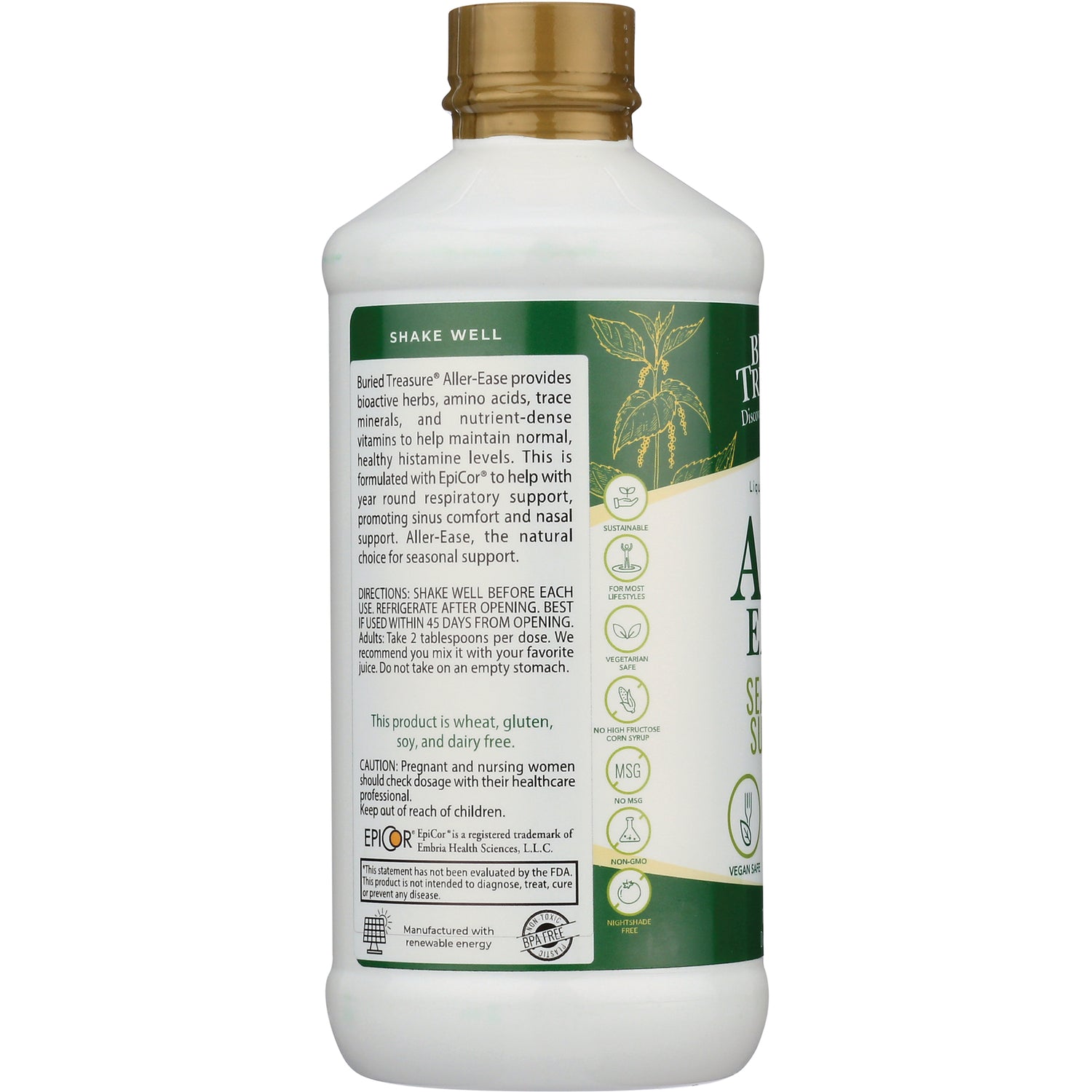 BTR013 | Back of white bottle showing label with directions, ingredient info, icons and visible text SHAKE WELL