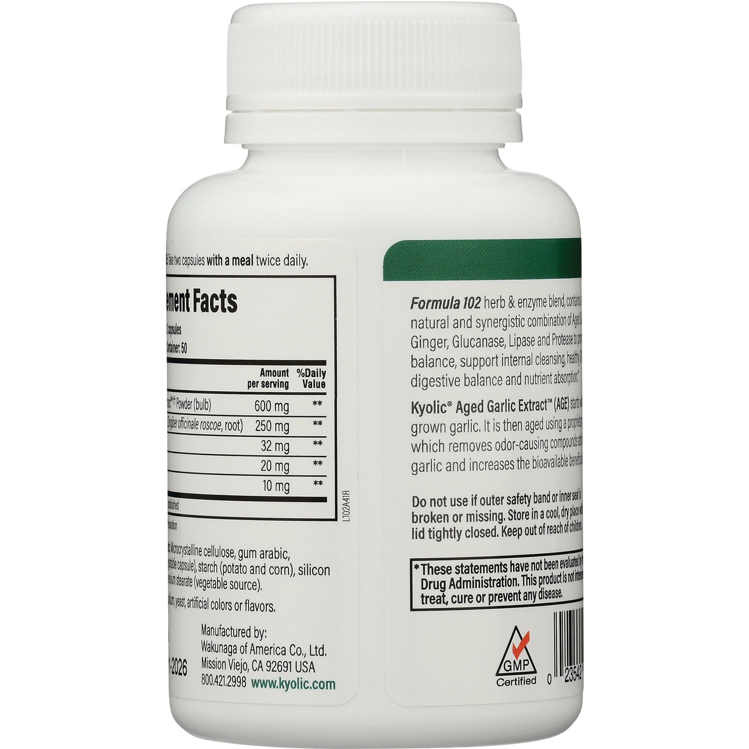 KY100 | back label of white supplement bottle showing Supplement Facts and ingredient and usage text