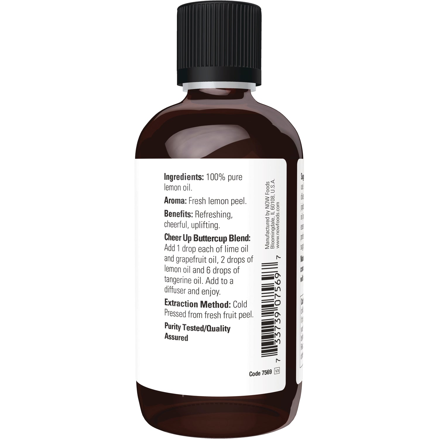NWF488 | back of brown bottle showing label with Ingredients: 100% pure lemon oil, usage directions, and barcode