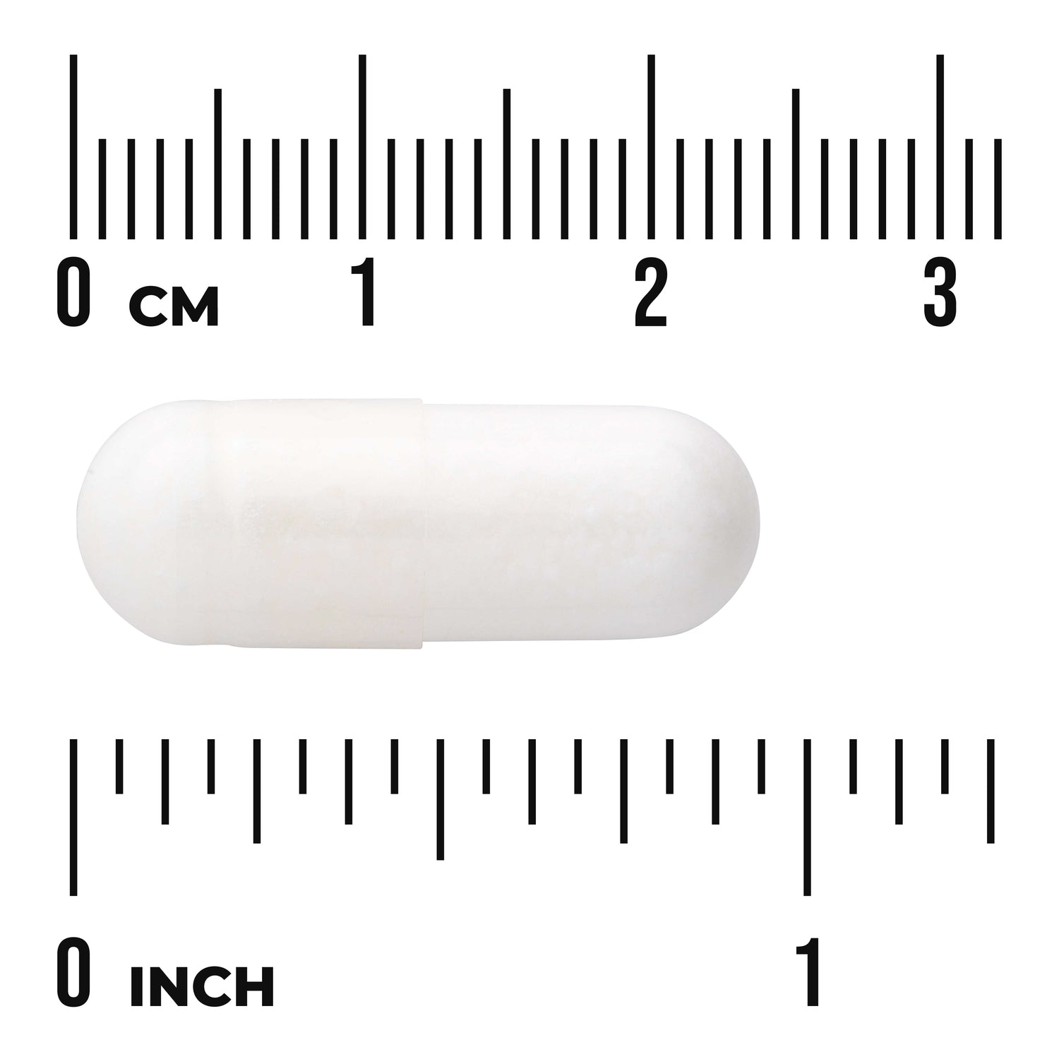 SWU466 | White capsule shown with CM and INCH rulers for size reference