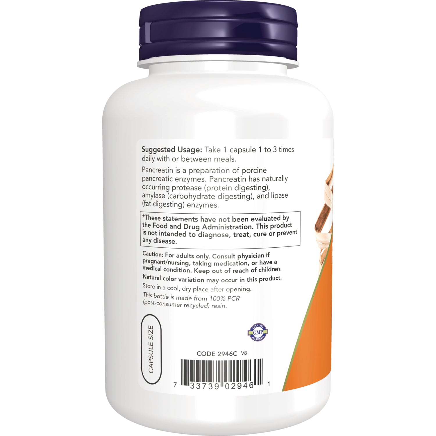 NWF262 | Back label of white supplement bottle showing suggested usage, cautions, and barcode