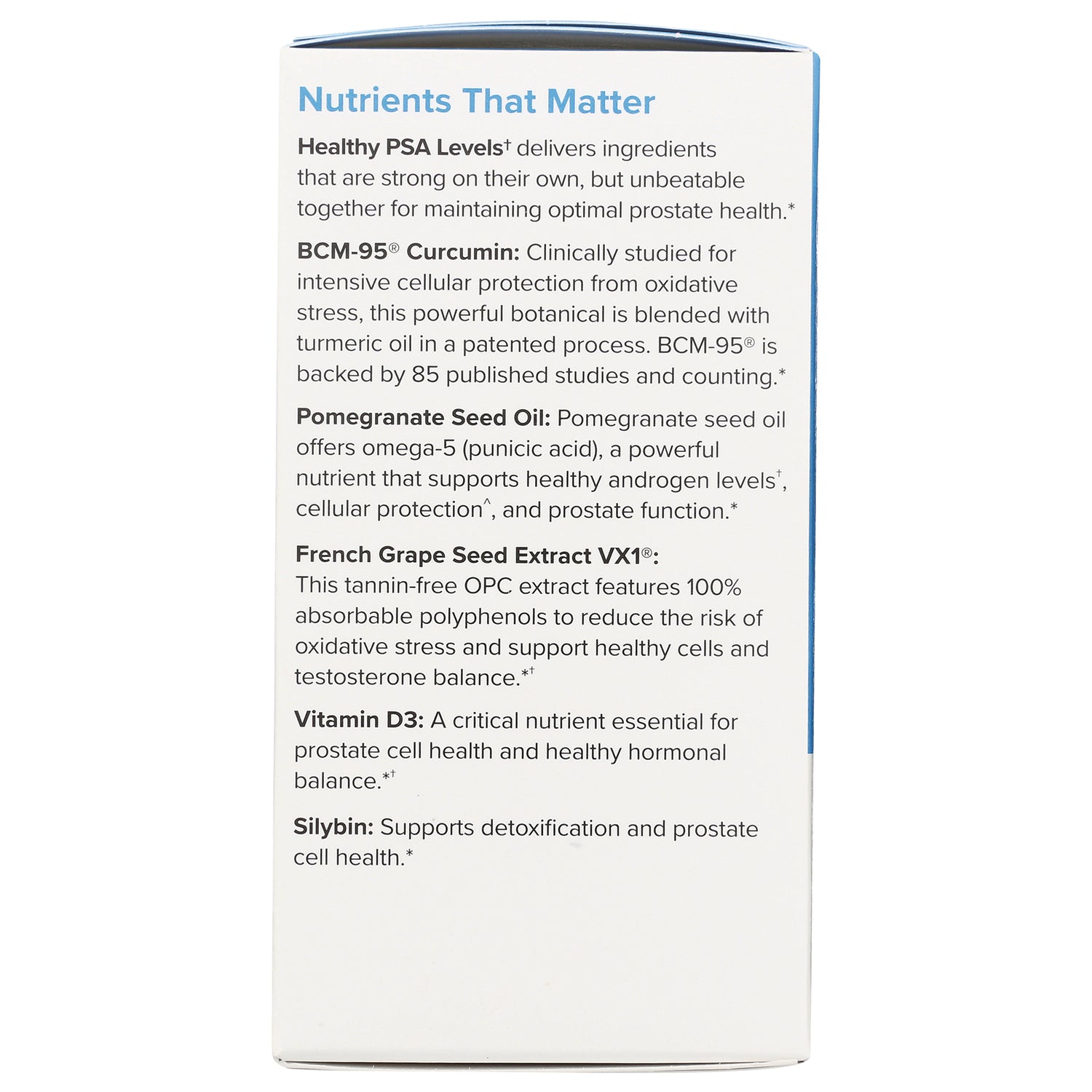 EUR043 | back panel titled Nutrients That Matter listing BCM-95 Curcumin, pomegranate seed oil, French grape seed extract, vitamin D3, silybin