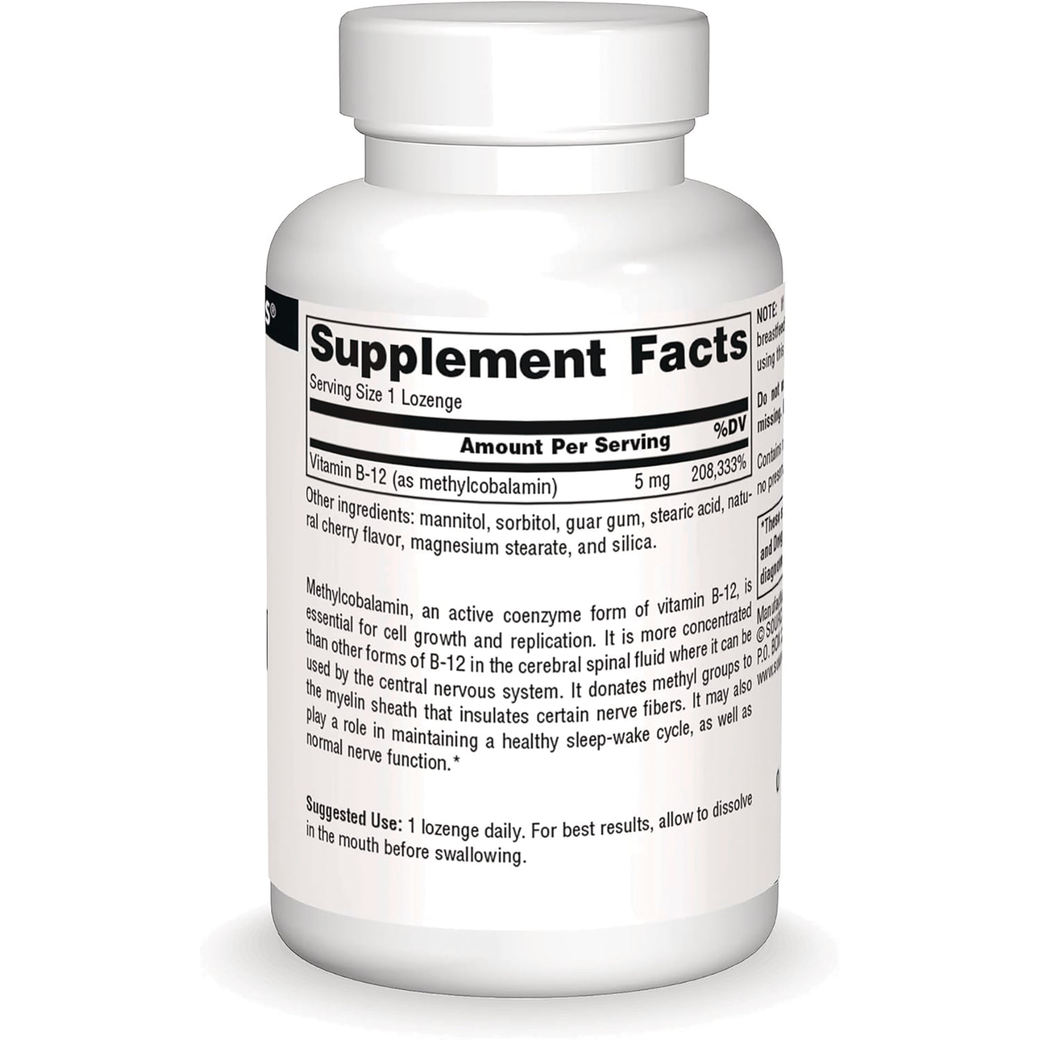 SN876 | Back label with Supplement Facts for Vitamin B-12 lozenges, serving size 1 lozenge