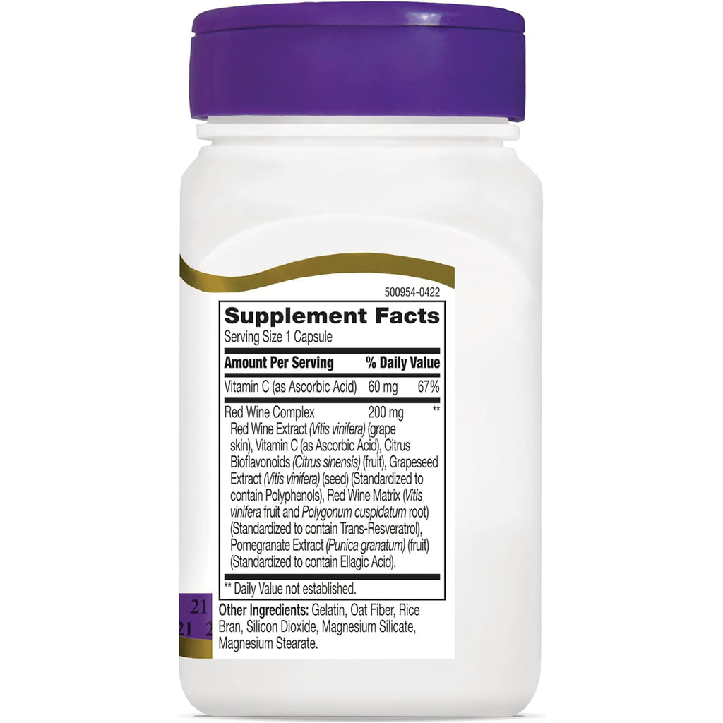 CNT211 | Back of white supplement bottle with purple cap showing Supplement Facts: Serving Size 1 Capsule; Vitamin C 60 mg; Red Wine Complex 200 mg - Thumbnail