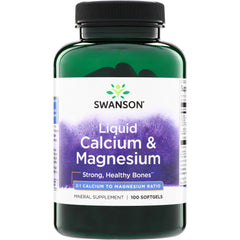 SW217 | Swanson Liquid Calcium & Magnesium supplement bottle, 2:1 calcium to magnesium ratio, 100 softgels