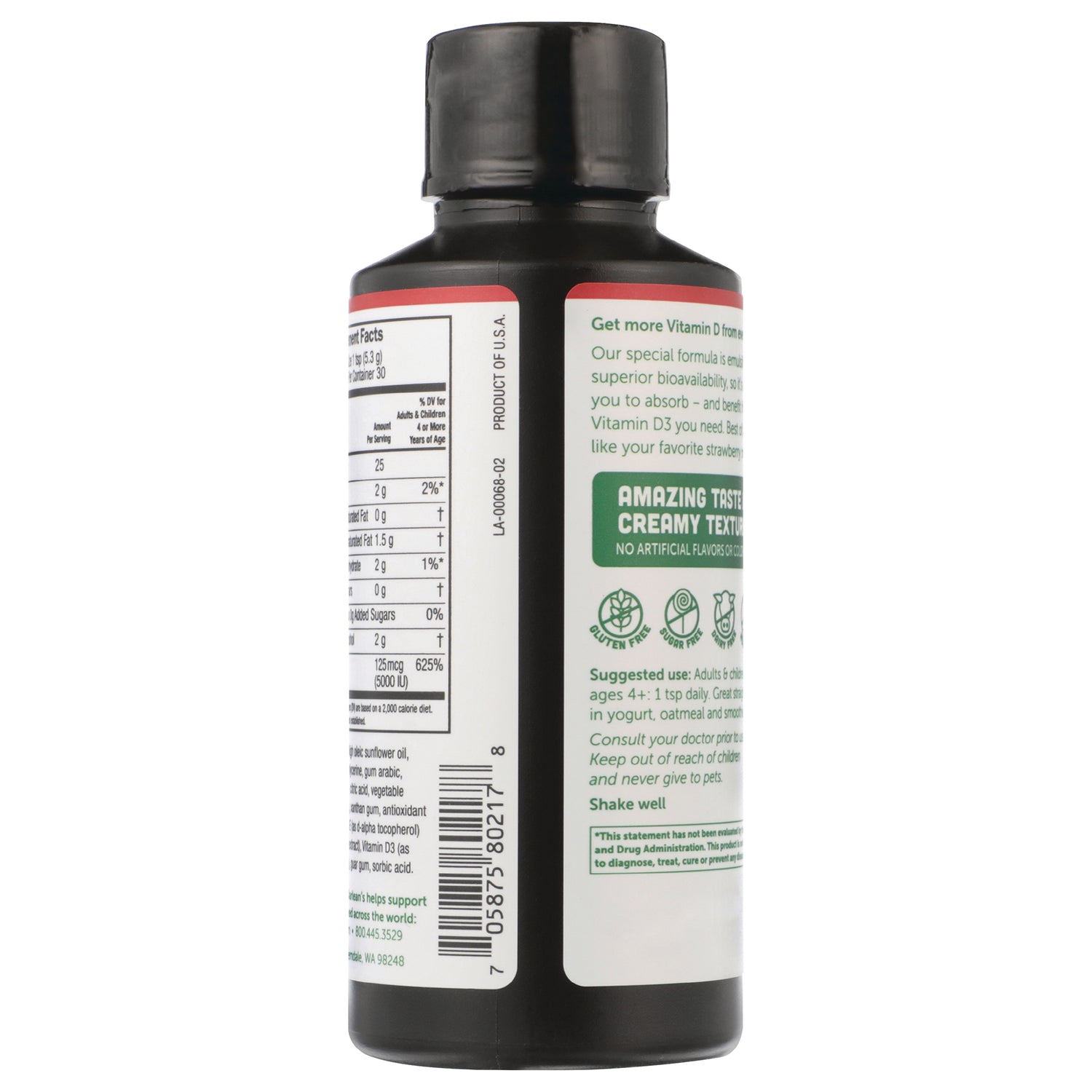 BAR105 | Back label of supplement bottle showing nutrition facts panel, barcode, and suggested use text