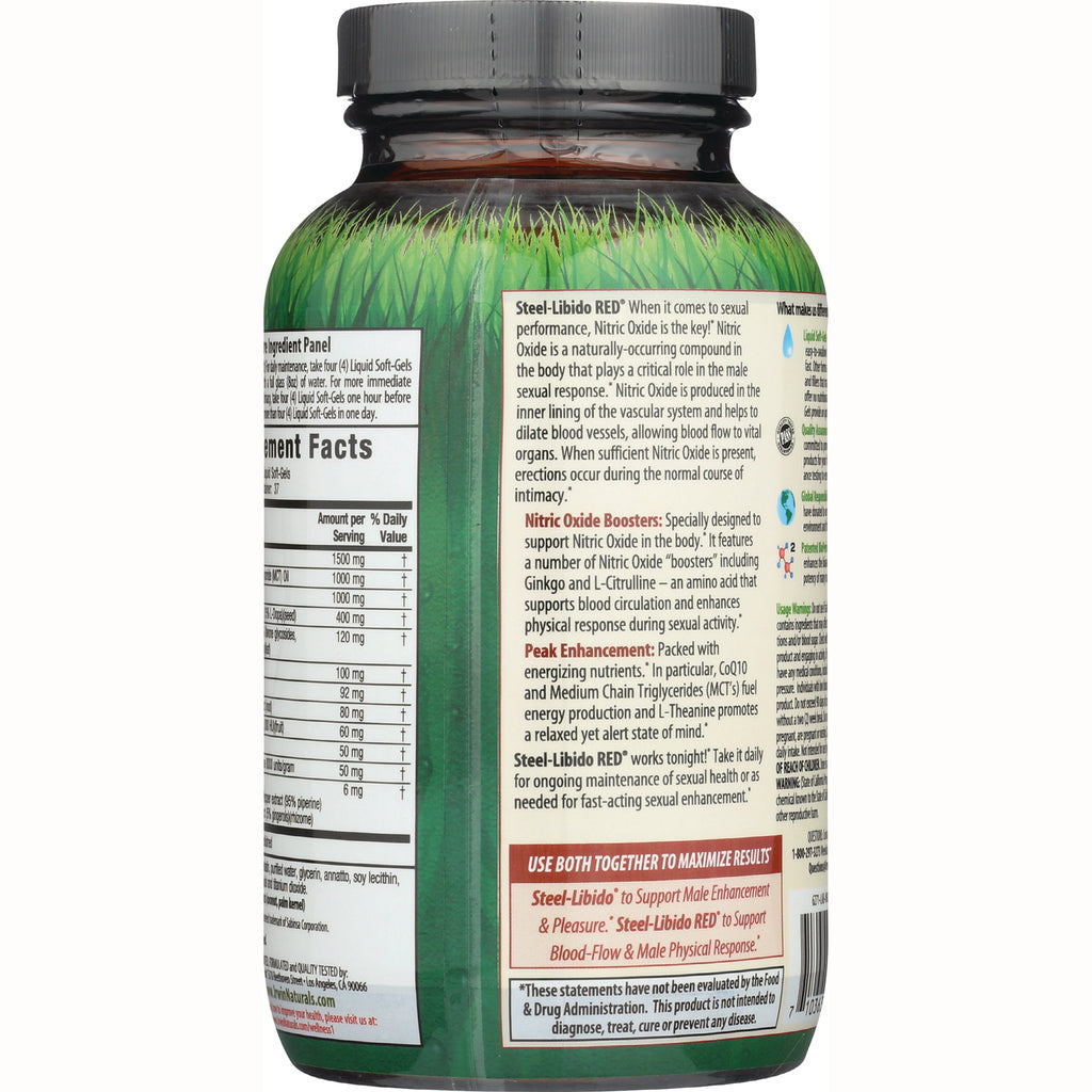 IR096 | Back label of green supplement bottle showing Supplement Facts panel and explanatory text for Steel-Libido RED - Thumbnail