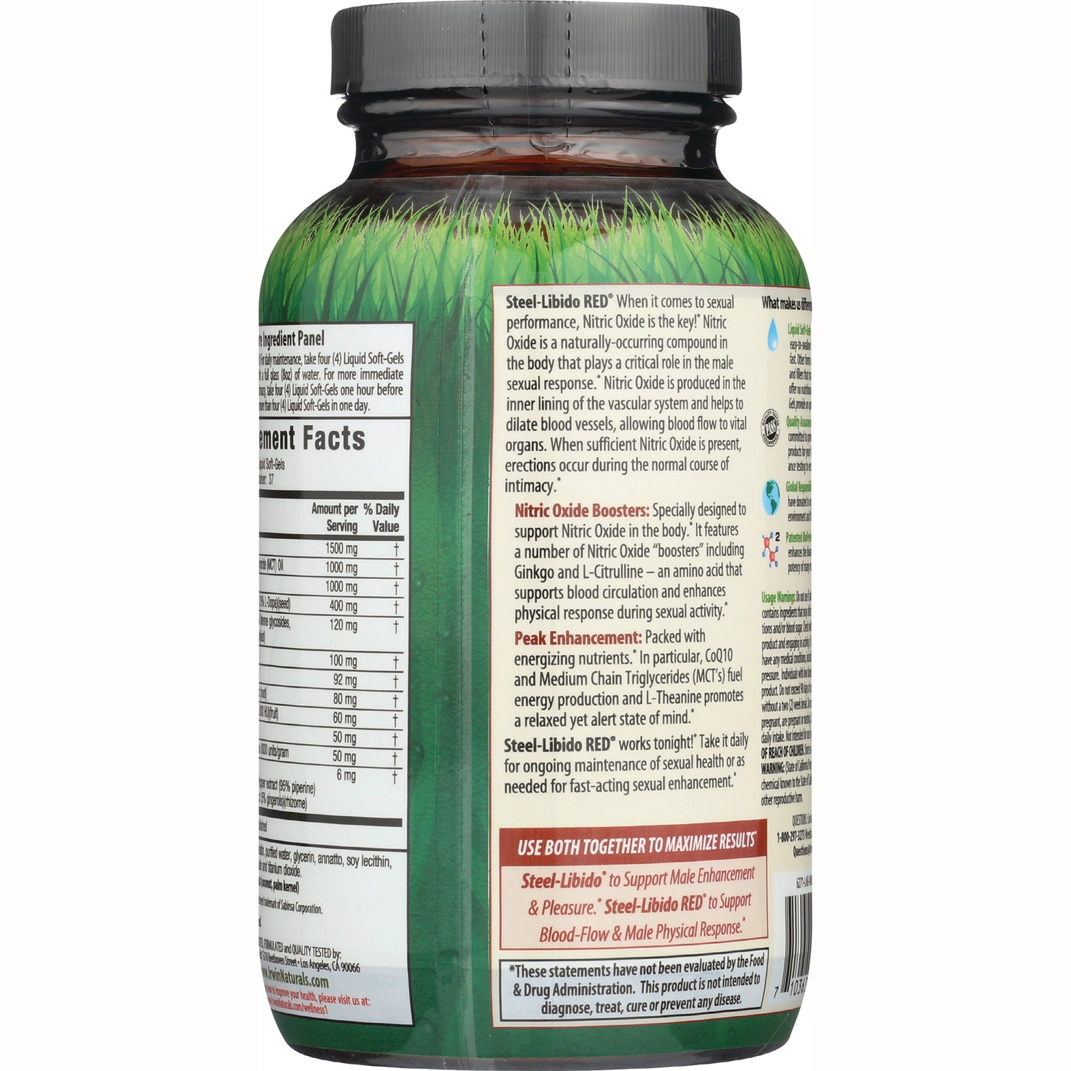 IR096 | Back label of green supplement bottle showing Supplement Facts panel and explanatory text for Steel-Libido RED