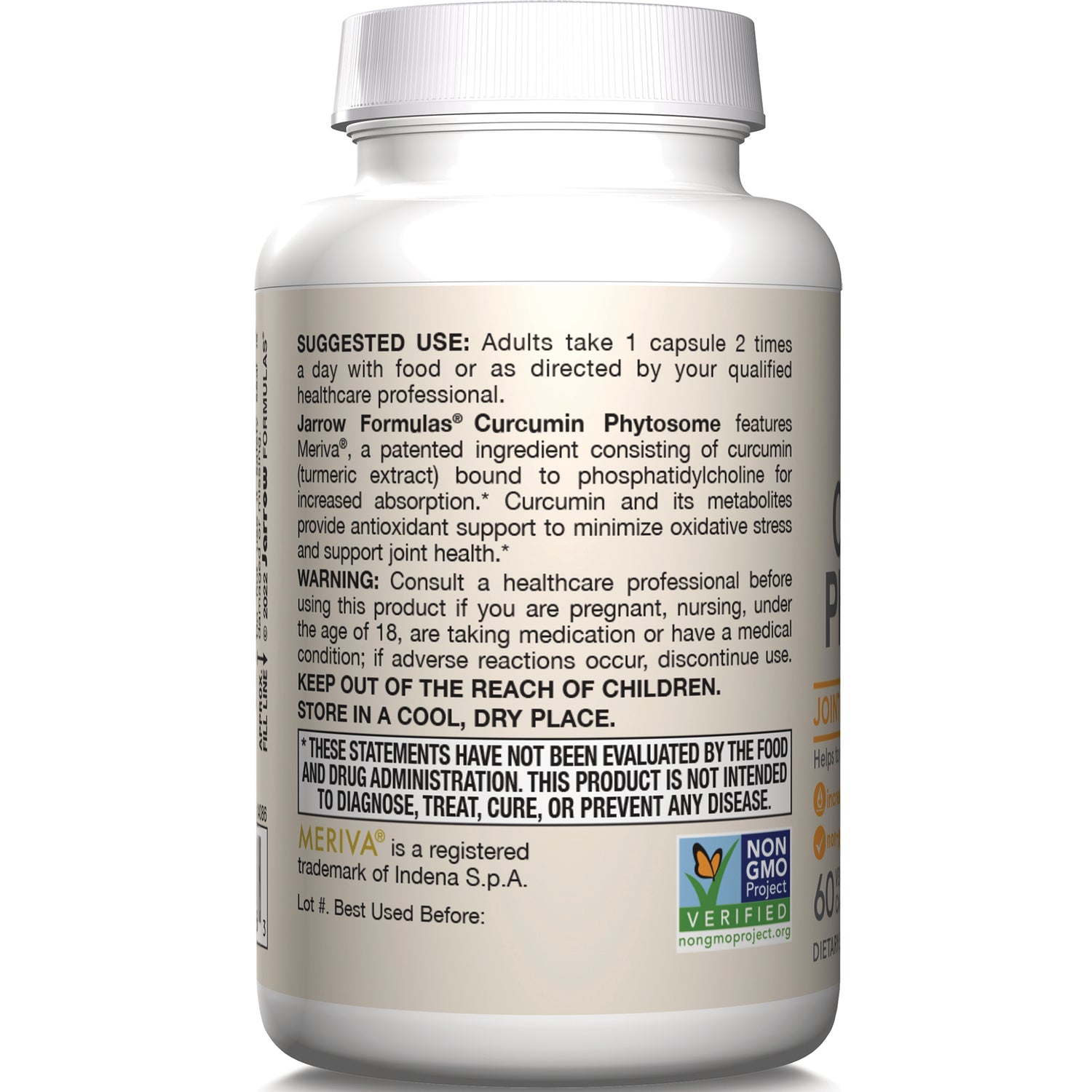 JR265 | Back label of supplement bottle showing suggested use, warnings, and Non-GMO Verified logo