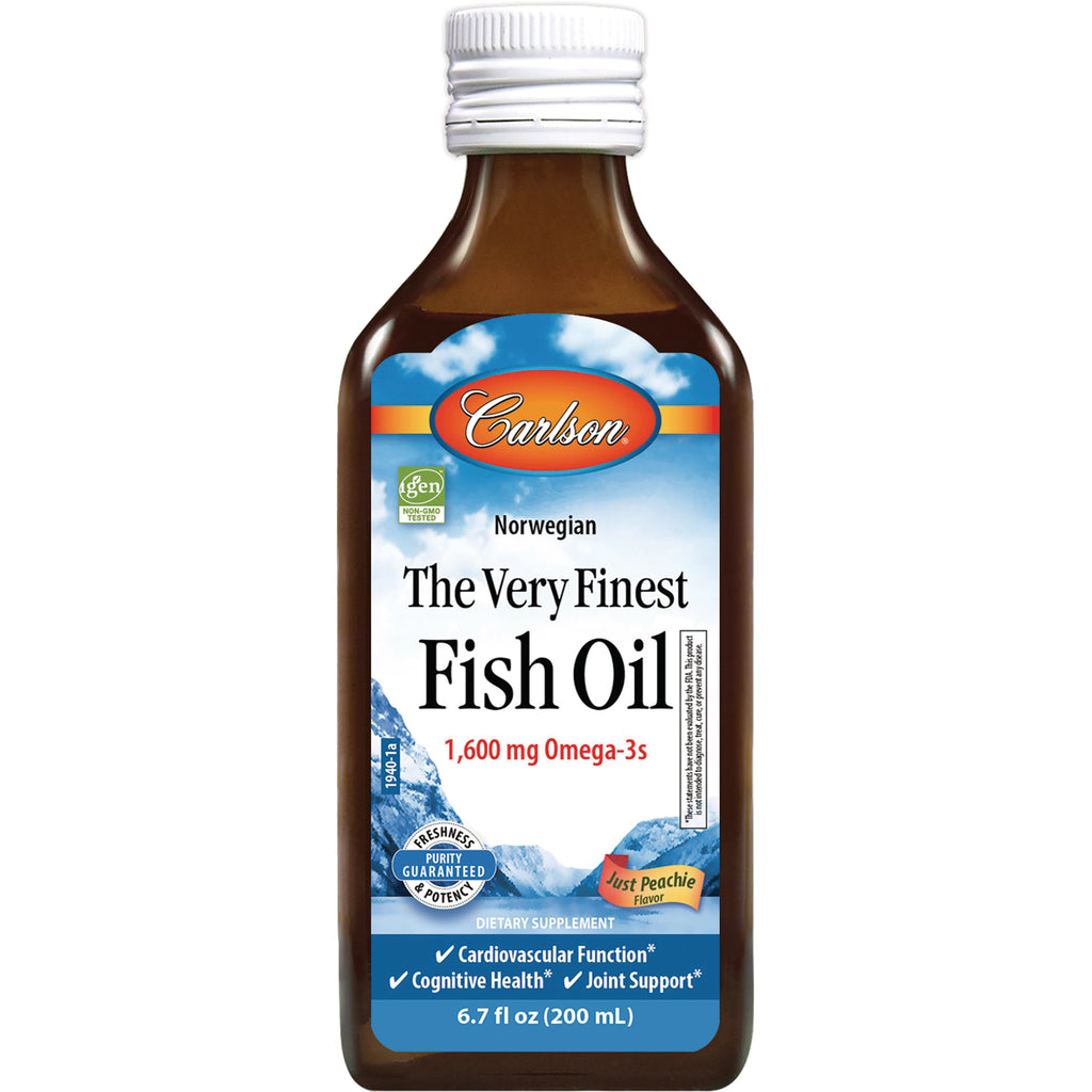 CSN308 | Brown bottle of Carlson The Very Finest Fish Oil, 1,600 mg Omega-3s, Just Peachie flavor, 6.7 fl oz front label - Thumbnail