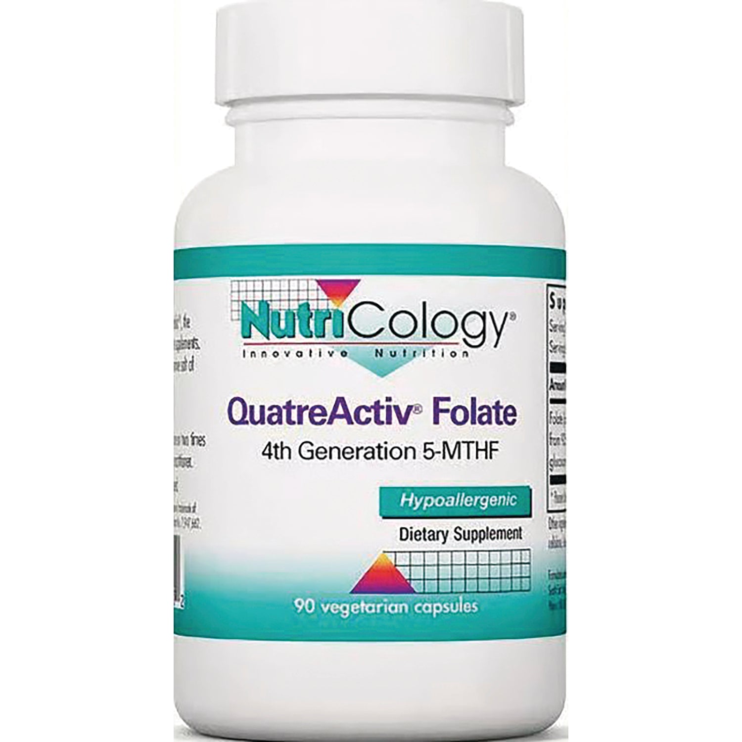 NCL111 | NutriCology QuatreActiv Folate 4th Generation 5-MTHF white bottle with teal label, 90 vegetarian capsules