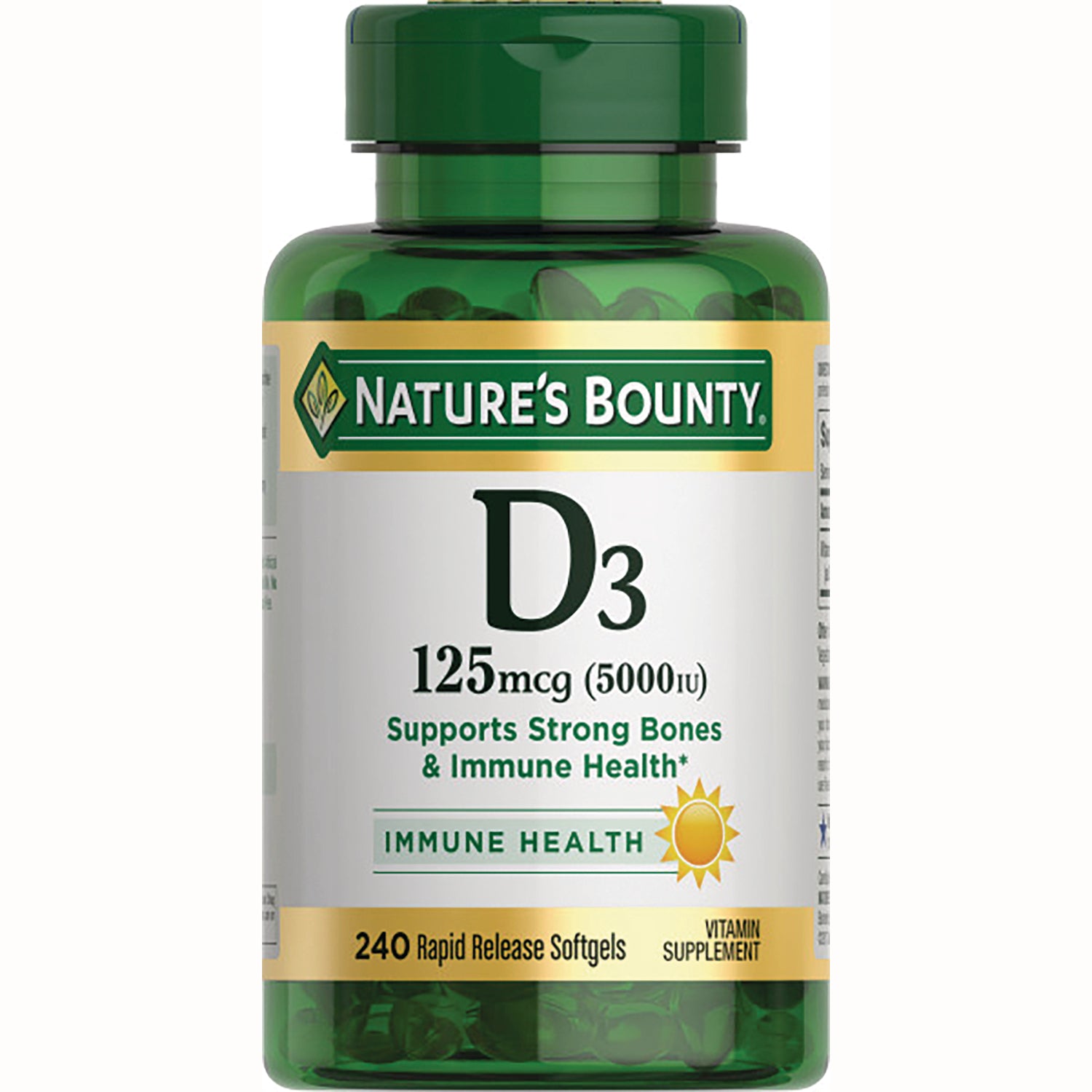 NBY077 | Nature's Bounty D3 125 mcg (5000 IU) bottle, 240 rapid release softgels, label Immune Health