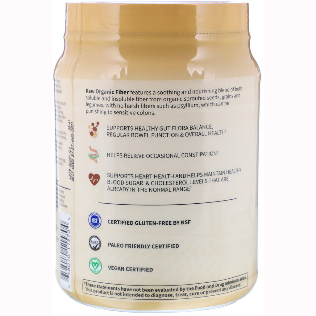 GLF121 | back label of Raw Organic Fiber powder listing benefits and certifications Certified Gluten-Free, Paleo friendly, Vegan certified - Thumbnail