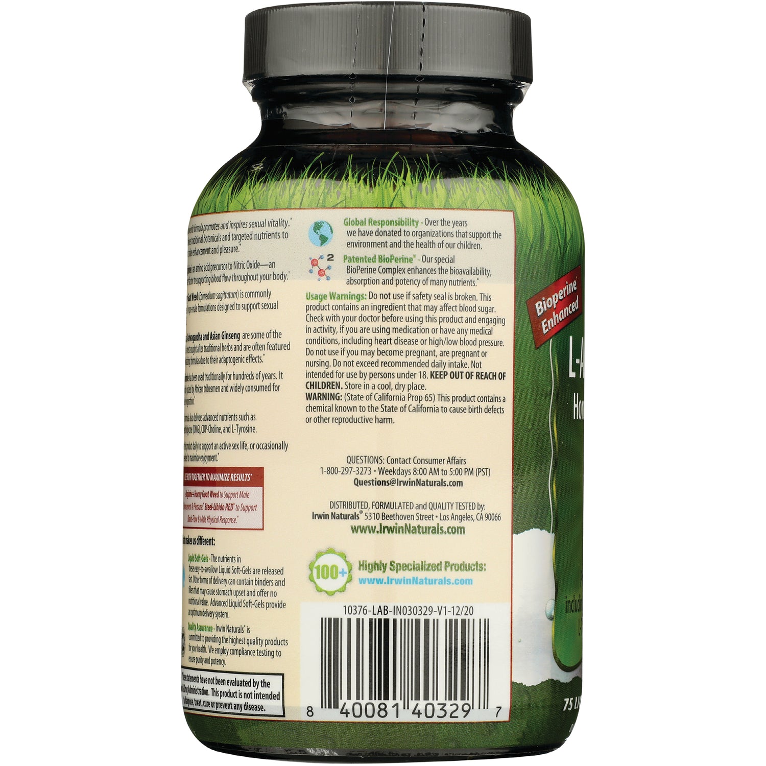IR222 | back label of supplement bottle showing warnings, ingredient text, Bioperine Enhanced badge and barcode
