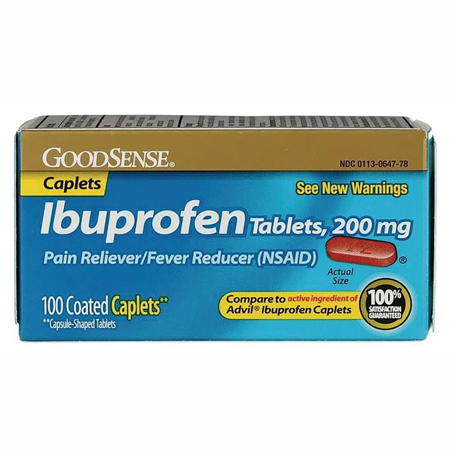 GDS019 | GoodSense Ibuprofen tablets 200 mg box showing 100 coated caplets and pill image
