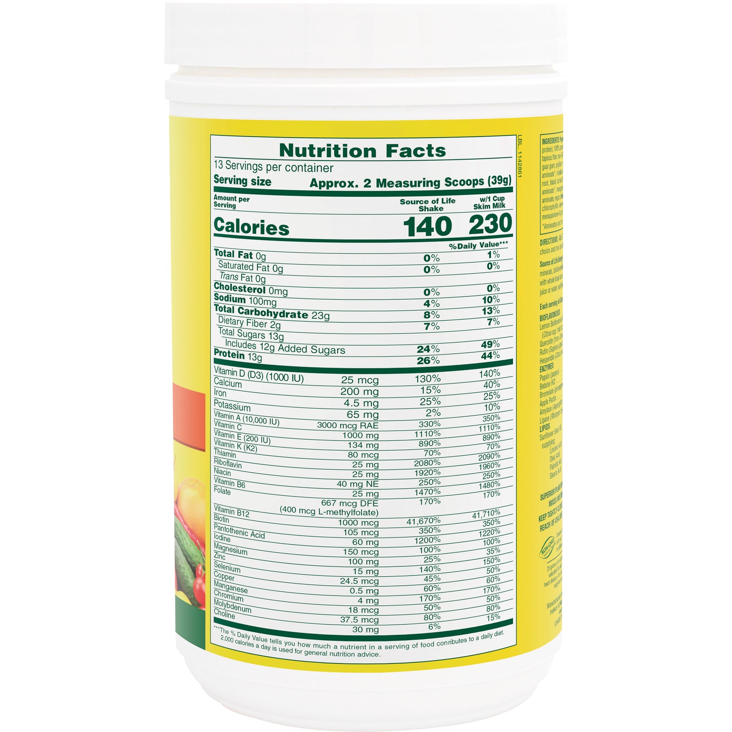 NTP054 | Nutrition Facts panel on white container showing calories, serving size, vitamins and minerals