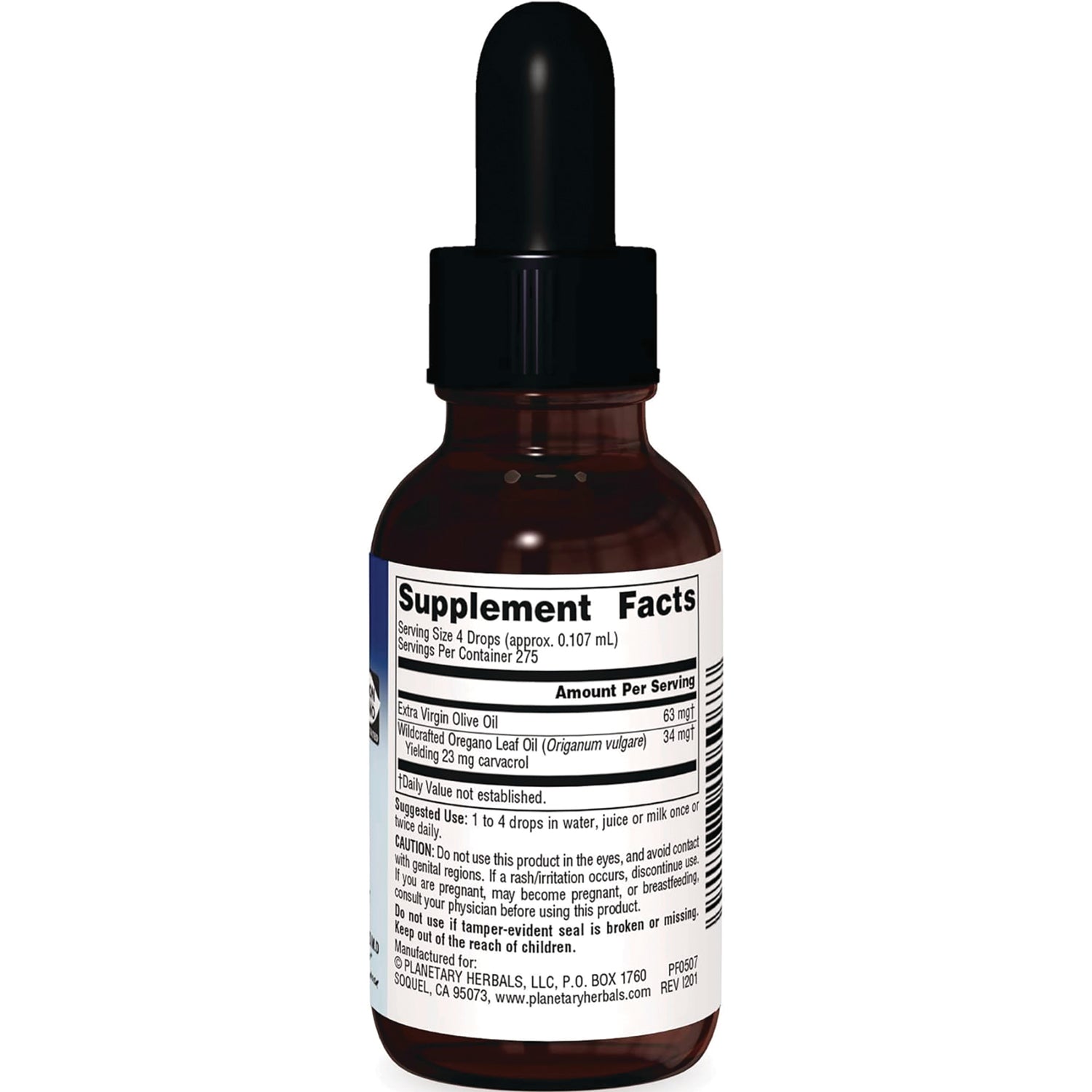 PF121 | Back label of brown dropper bottle showing Supplement Facts and ingredient details