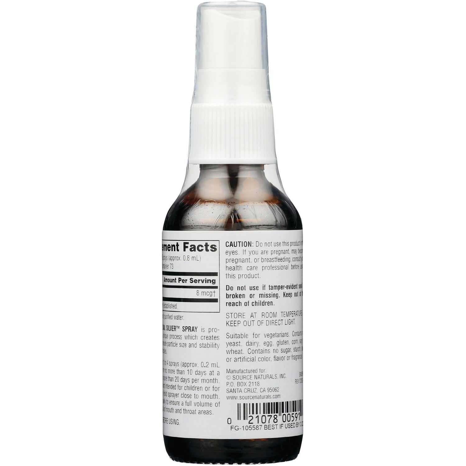 SN269 | Back label of spray bottle with Supplement Facts, cautions, storage directions, and barcode
