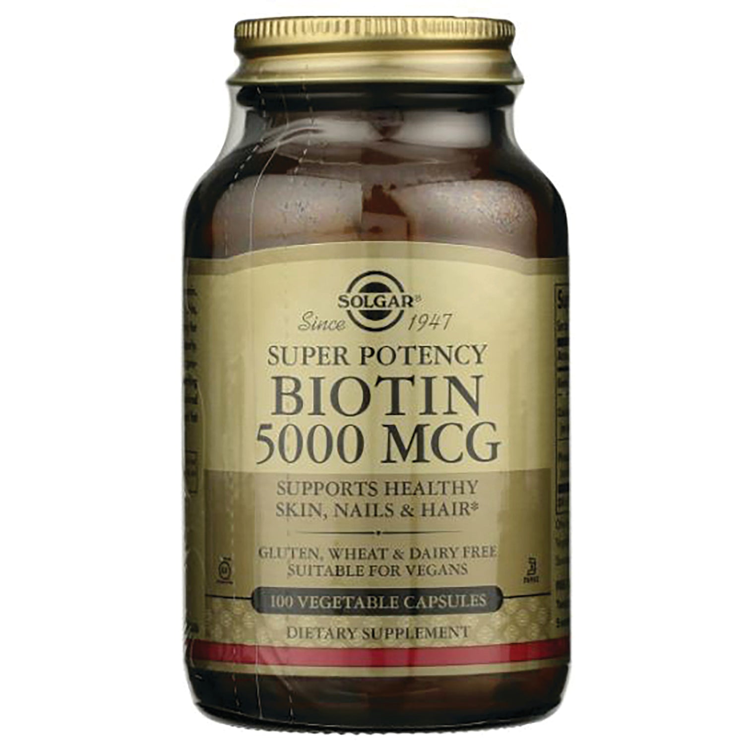 SLG261 | Solgar Super Potency Biotin 5000 MCG amber bottle, 100 vegetable capsules dietary supplement