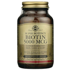 SLG261 | Solgar Super Potency Biotin 5000 MCG amber bottle, 100 vegetable capsules dietary supplement