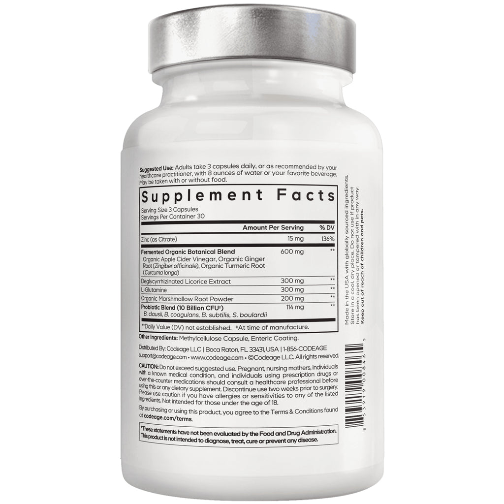 CDG006 | back of white supplement bottle showing Supplement Facts label, ingredient list and barcode - Thumbnail