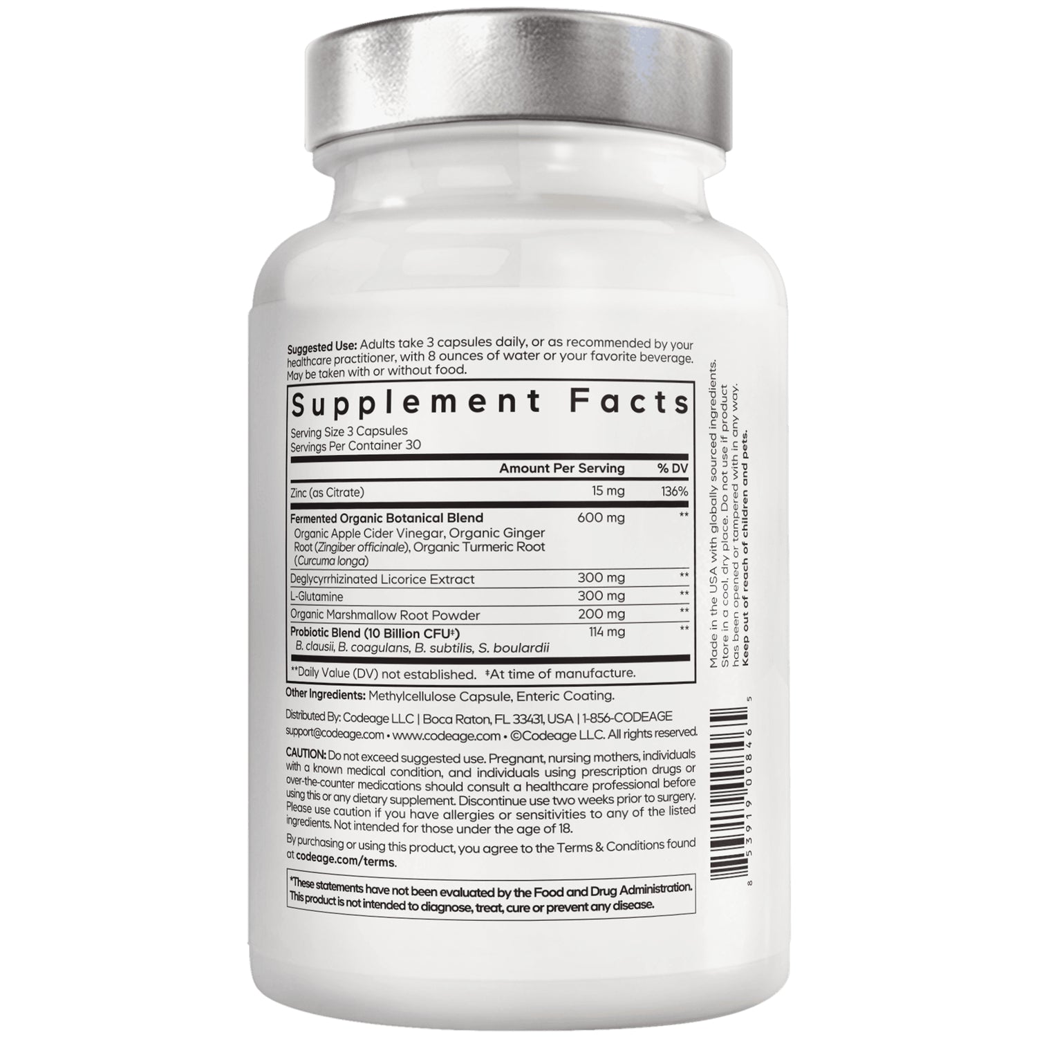 CDG006 | back of white supplement bottle showing Supplement Facts label, ingredient list and barcode
