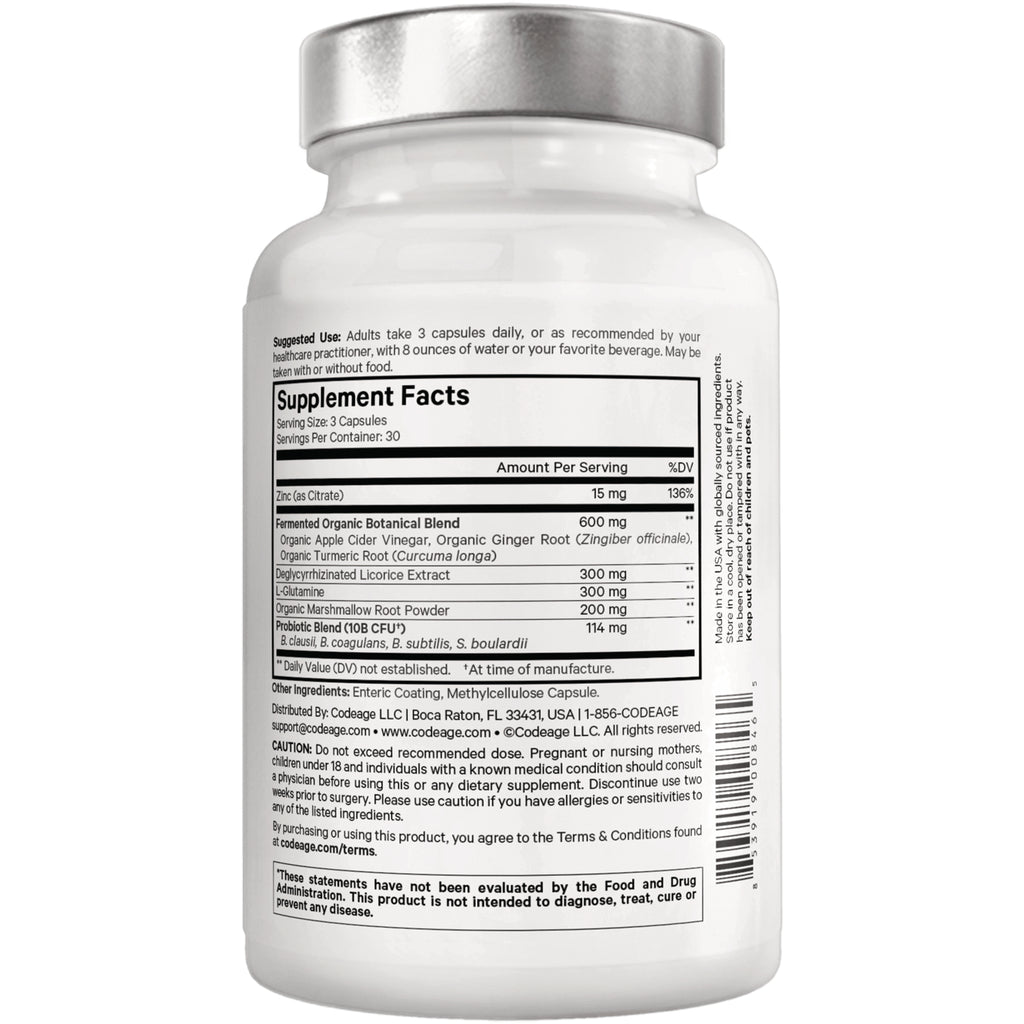 CDG006 | back of white supplement bottle showing Supplement Facts label, ingredient list and barcode - Thumbnail
