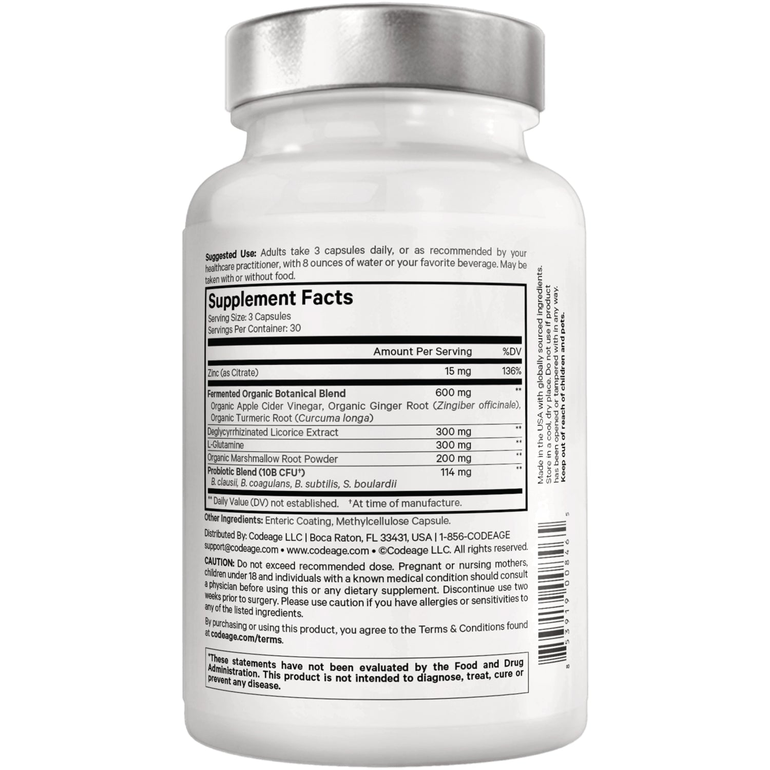 CDG006 | back of white supplement bottle showing Supplement Facts label, ingredient list and barcode