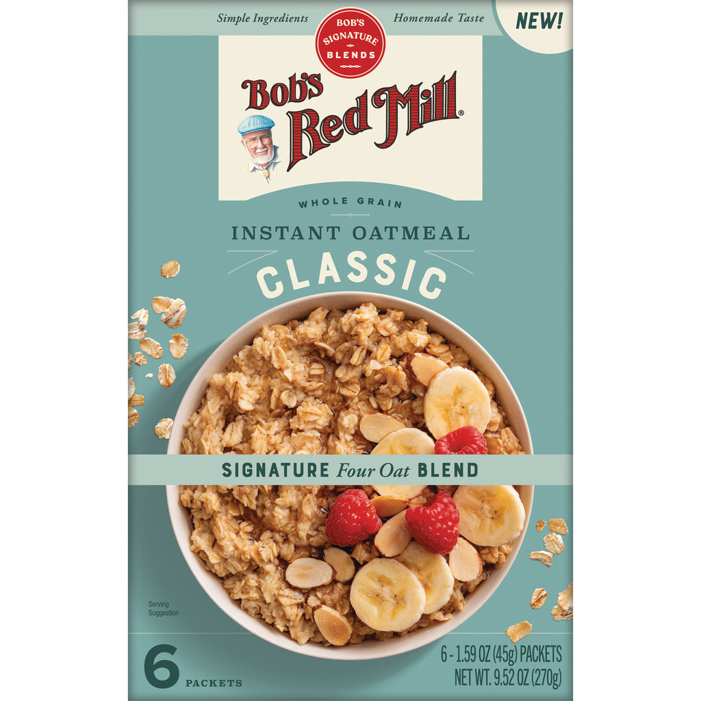 BOB489 | Bob's Red Mill Instant Oatmeal Classic packaging with bowl of oatmeal topped with banana, raspberries, and almond slices - Thumbnail